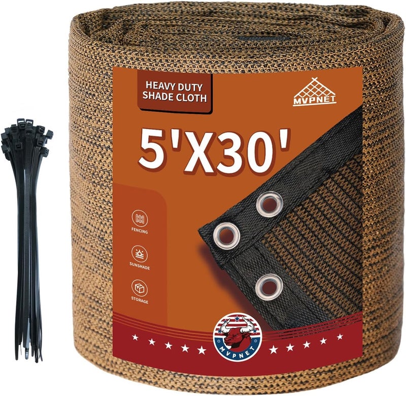 MVPNET 5x30Ft Garden Privacy Fence Screen, 180GSM Heavy Duty 90% Blockage Windbreak Mesh Tarp with Reinforced Edges & Anti-Rust Grommets, Includes Zip Ties for Garden, Yard, Backyard, Outdoor, Mocha - Image 1